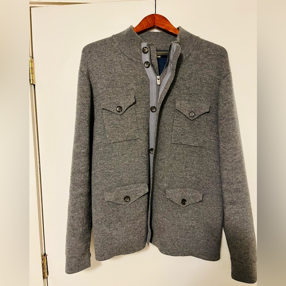 PETER MILLAR Gale Grey Merino Wool Knit Full Zip Buttons 4 Pocket Jacket - XL